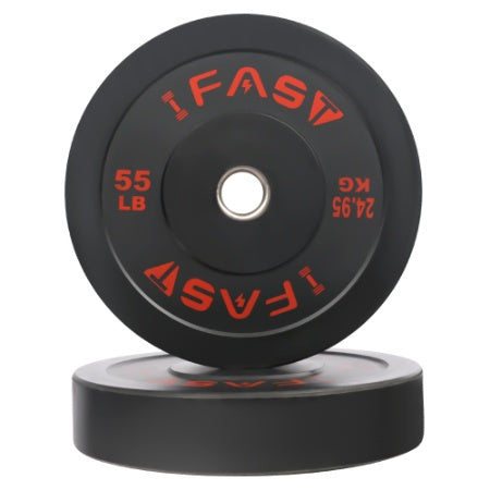 Black 55 lb rubber-coated bumper weight plate on stand with 2-inch steel insert and hole