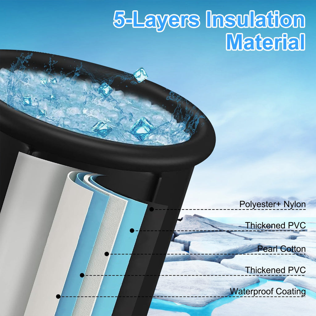 Black cold plunge tub wall with visible 5-layer insulation material around the rim