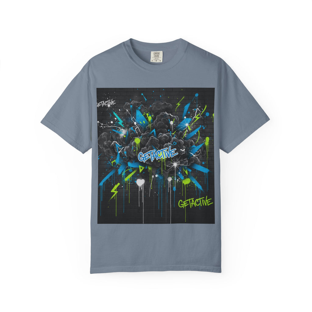 Blue Spruce graphic weightlifting T-shirt with colorful splash design and “GETACTIVE” text