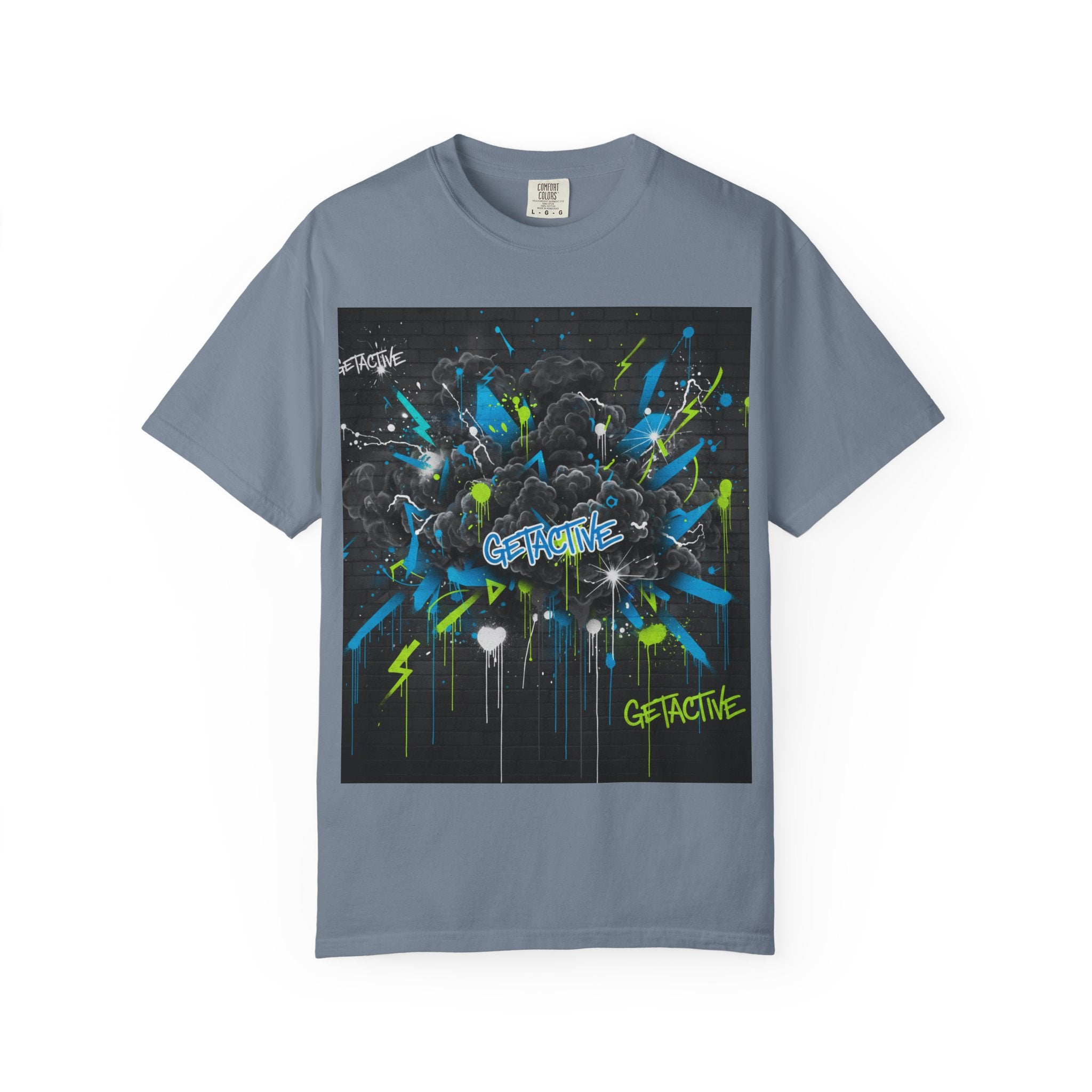 Blue Spruce graphic weightlifting T-shirt with colorful splash design and “GETACTIVE” text