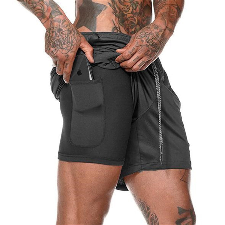 Black men’s training shorts with large front phone pocket and adjustable drawstring