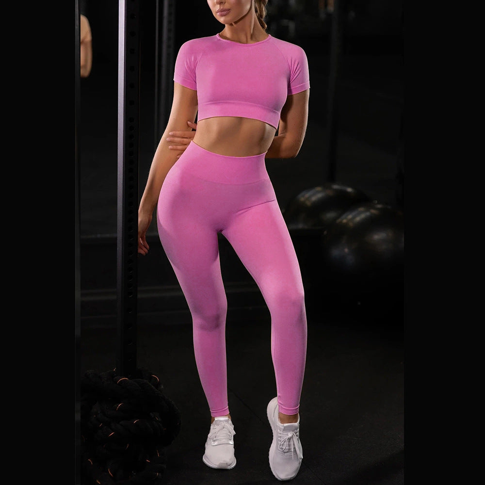 Seamless 2-piece set: rose pink cropped short-sleeve top and high waist leggings