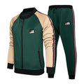 Green and beige colorblock zip tracksuit with red side stripe, matching jogger set