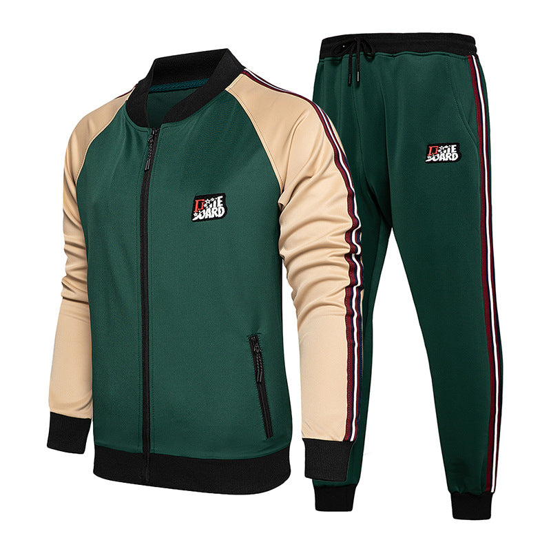 Green and beige colorblock zip tracksuit with red side stripe, matching jogger set