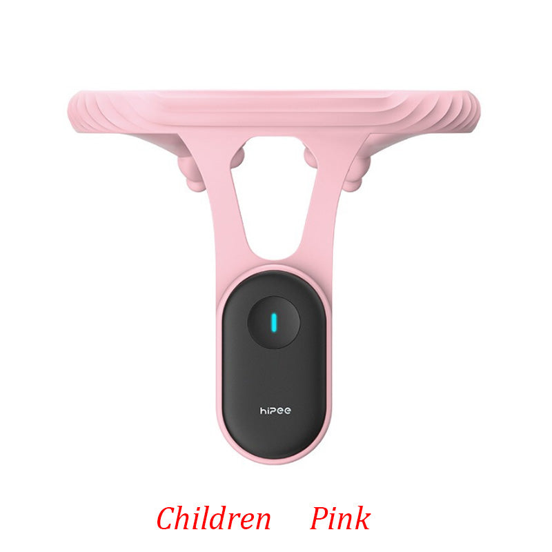 Pink posture trainer band with black oval sensor module and glowing indicator