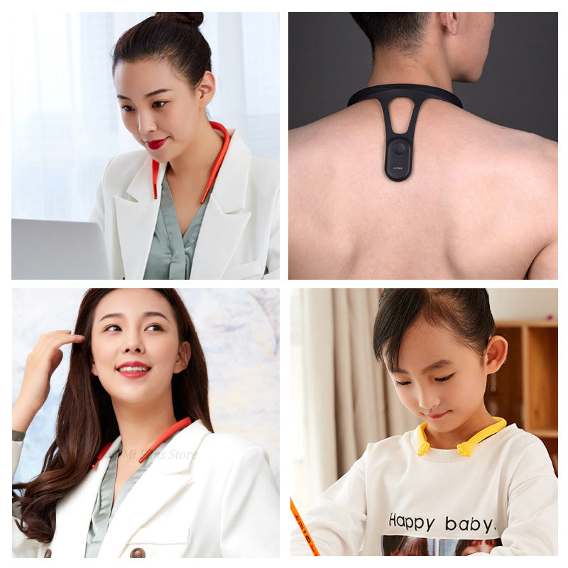 Black posture trainer worn on upper back with sensor module near the neck