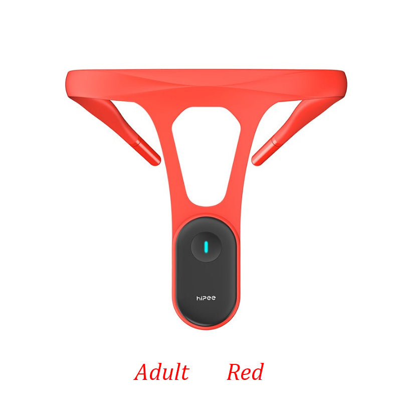 Red posture trainer band with black sensor module and glowing indicator light