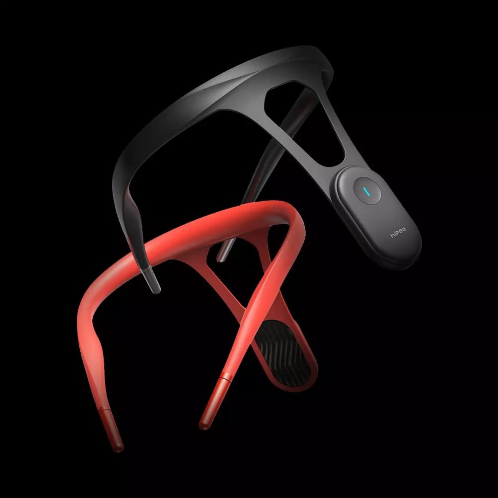 Red posture trainer with black sensor module and flexible neck strap