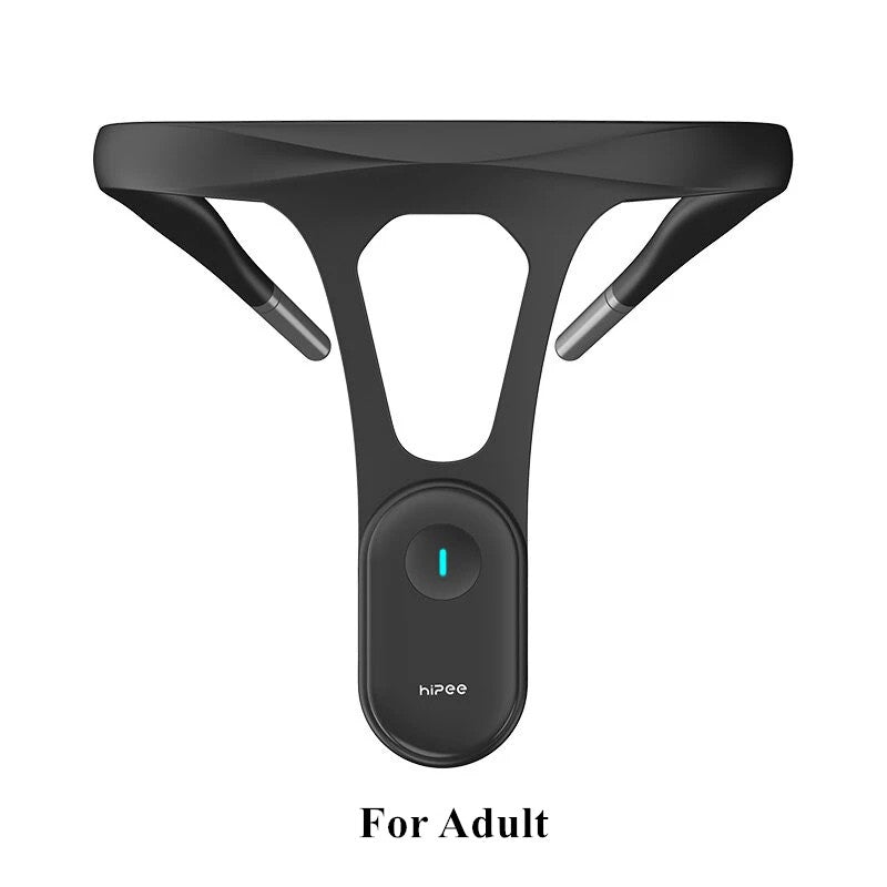 Black posture trainer device with open Y-back band and oval sensor module