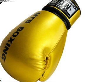 Golden yellow boxing gloves with black trim and a stitched wrist cuff