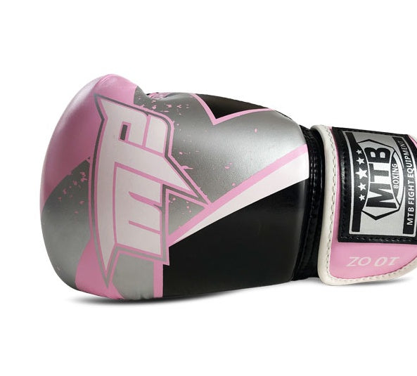 Boxing gloves with pink, black, and gray graphics and white wristband with logo patch