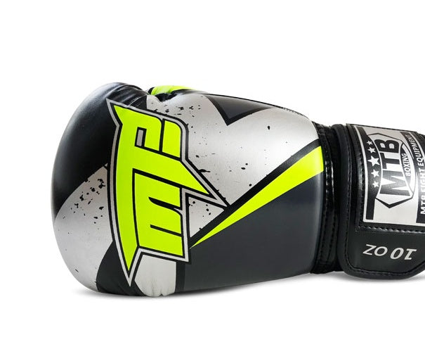 Boxing gloves with black, white, and neon green graphics, with a padded wrist strap