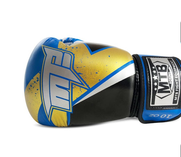 Boxing gloves with blue and yellow sections, black center panels, and a padded wrist strap