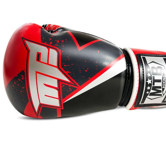 Boxing gloves with red, black, and gray graphics and white logo on the knuckle area