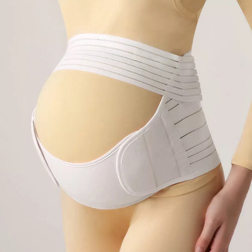 White women's adjustable waist support belt with curved front panel and ribbed support