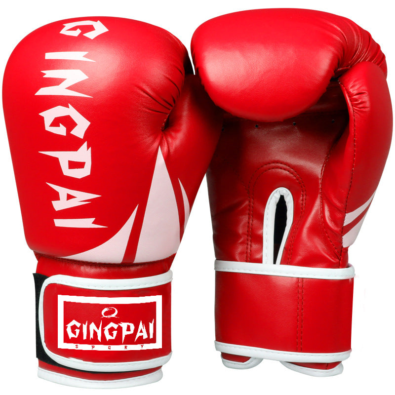 Red boxing gloves with white trim and GINGPAI branding, pair