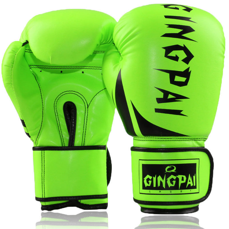 Neon green boxing gloves with black branding and rectangular wrist patch, pair