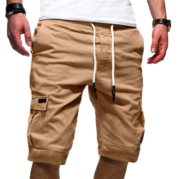 Men's cargo athletic shorts in khaki tan with drawstring and cargo pockets