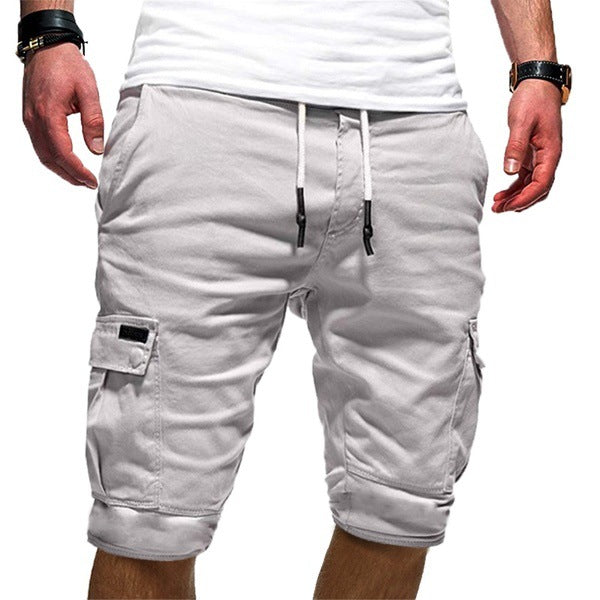 Men's cargo athletic shorts in white with drawstring and cargo pockets