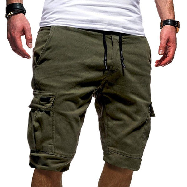 Men's cargo athletic shorts in olive green with side cargo flap pockets