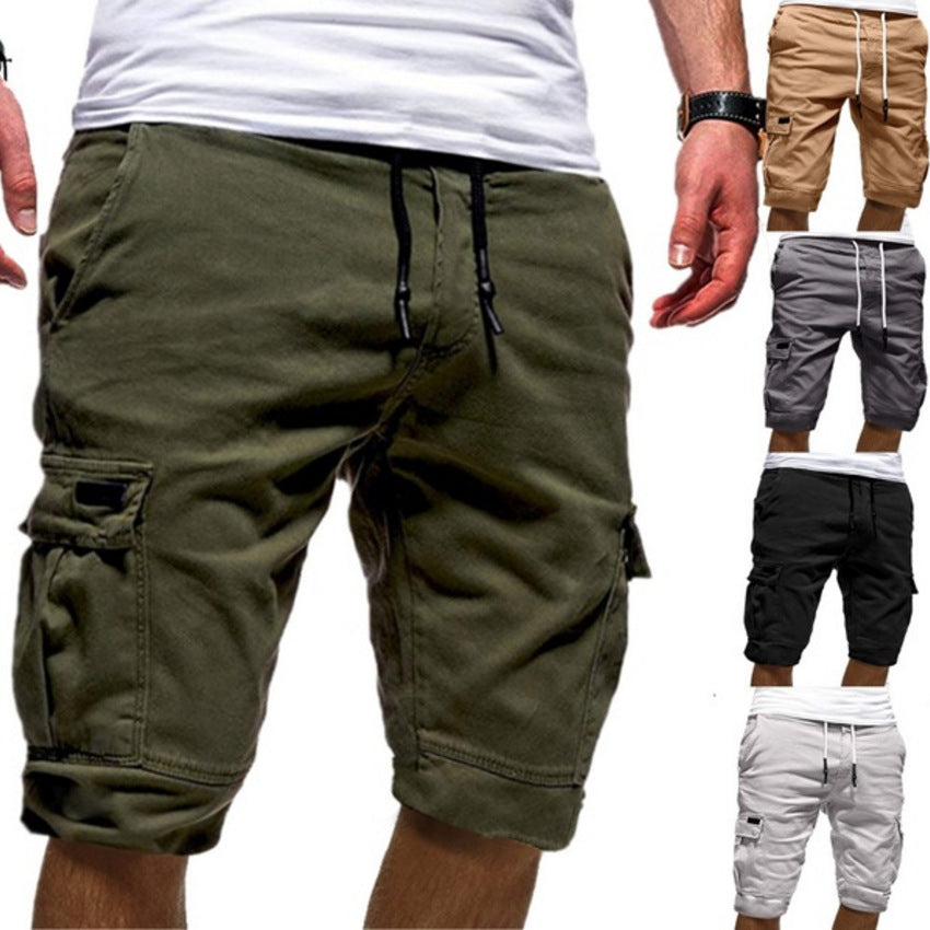 Men's cargo athletic shorts in olive green with drawstring and cargo pockets