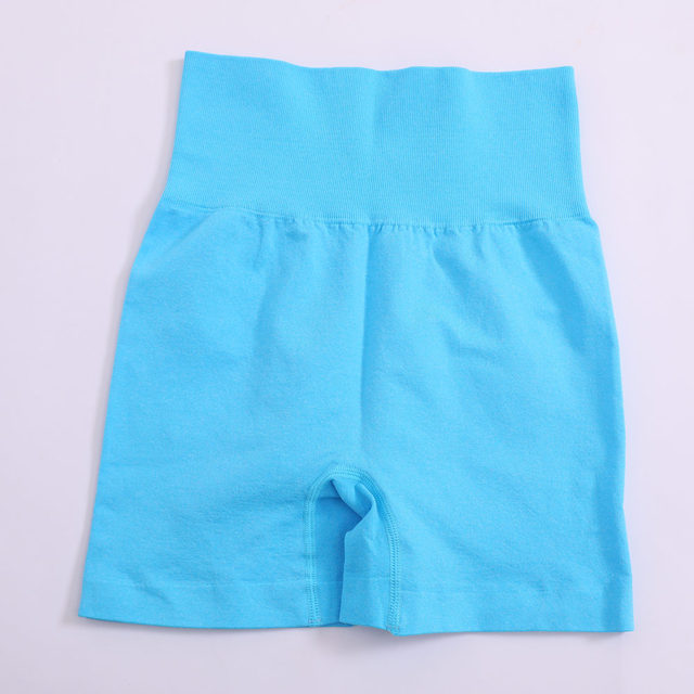 Women’s high-waist yoga shorts, solid sky blue, gathered waistband, inner pocket seam
