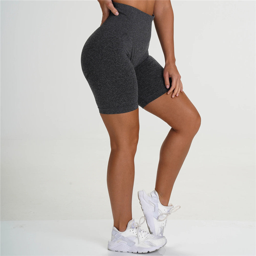 Women’s high-waist push-up yoga shorts in dark grey heather, mid-thigh length
