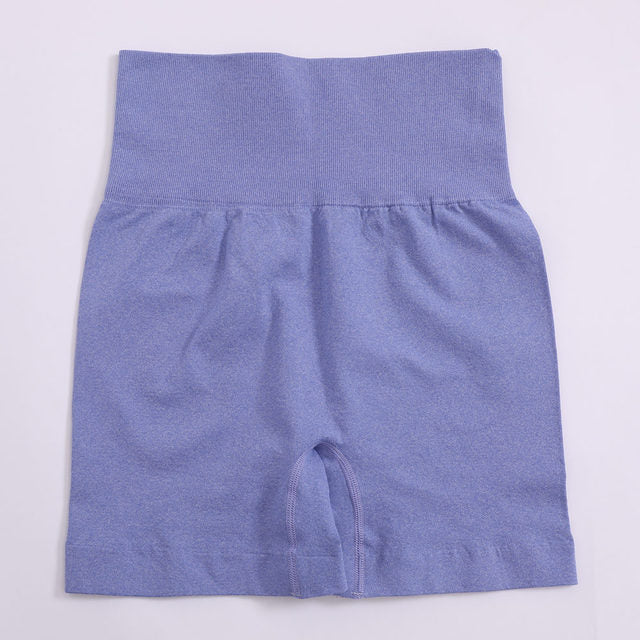 Women’s high-waist push-up yoga shorts in periwinkle heather, flat lay back view