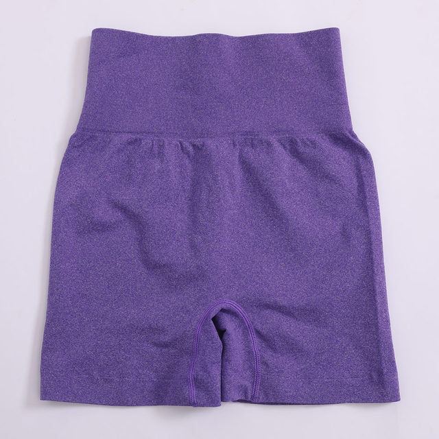 Women’s high-waist yoga shorts, solid purple, gathered waistband, inner pocket seam