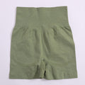 Women’s high-waist yoga shorts, solid army green, gathered waistband, inner pocket seam