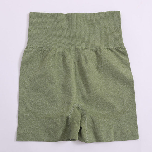 Women’s high-waist yoga shorts, solid army green, gathered waistband, inner pocket seam