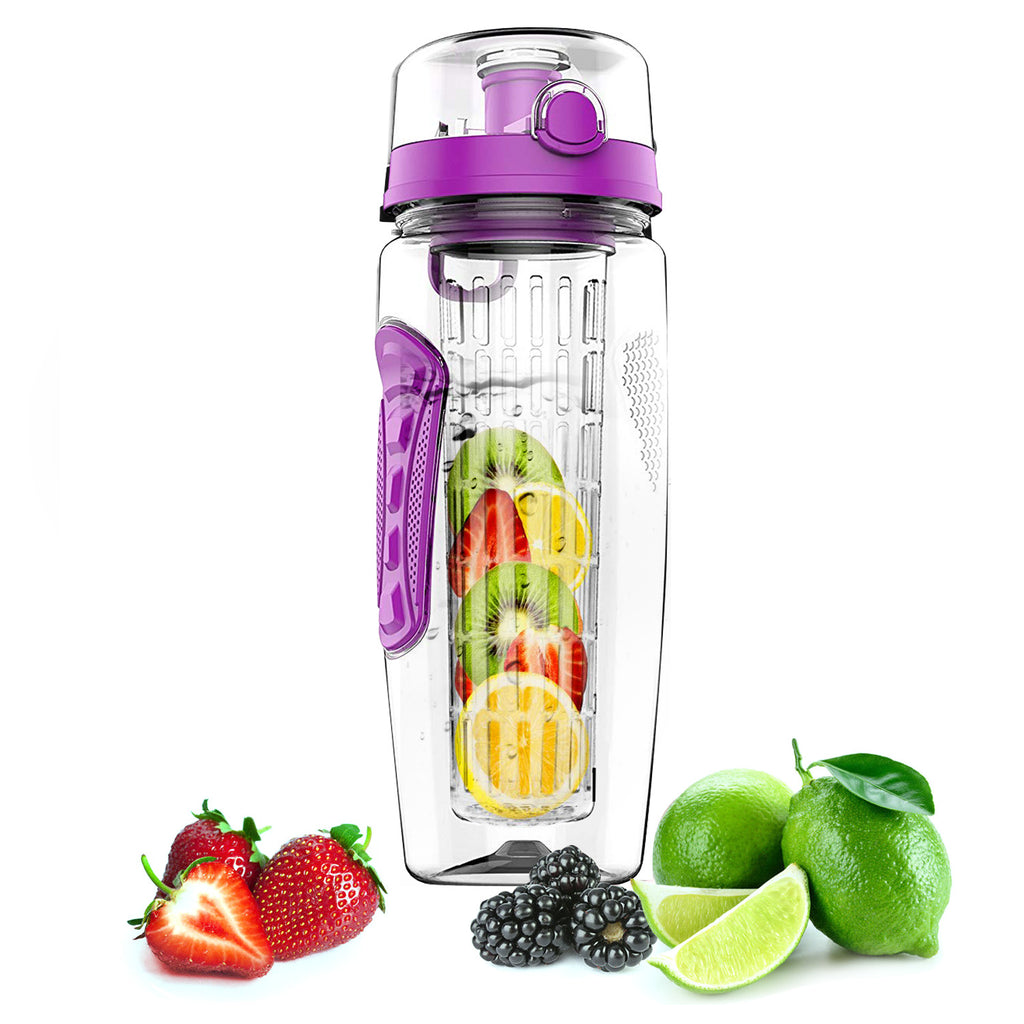 32oz fruit infuser water bottle, clear body with purple flip-top and fruit infuser basket