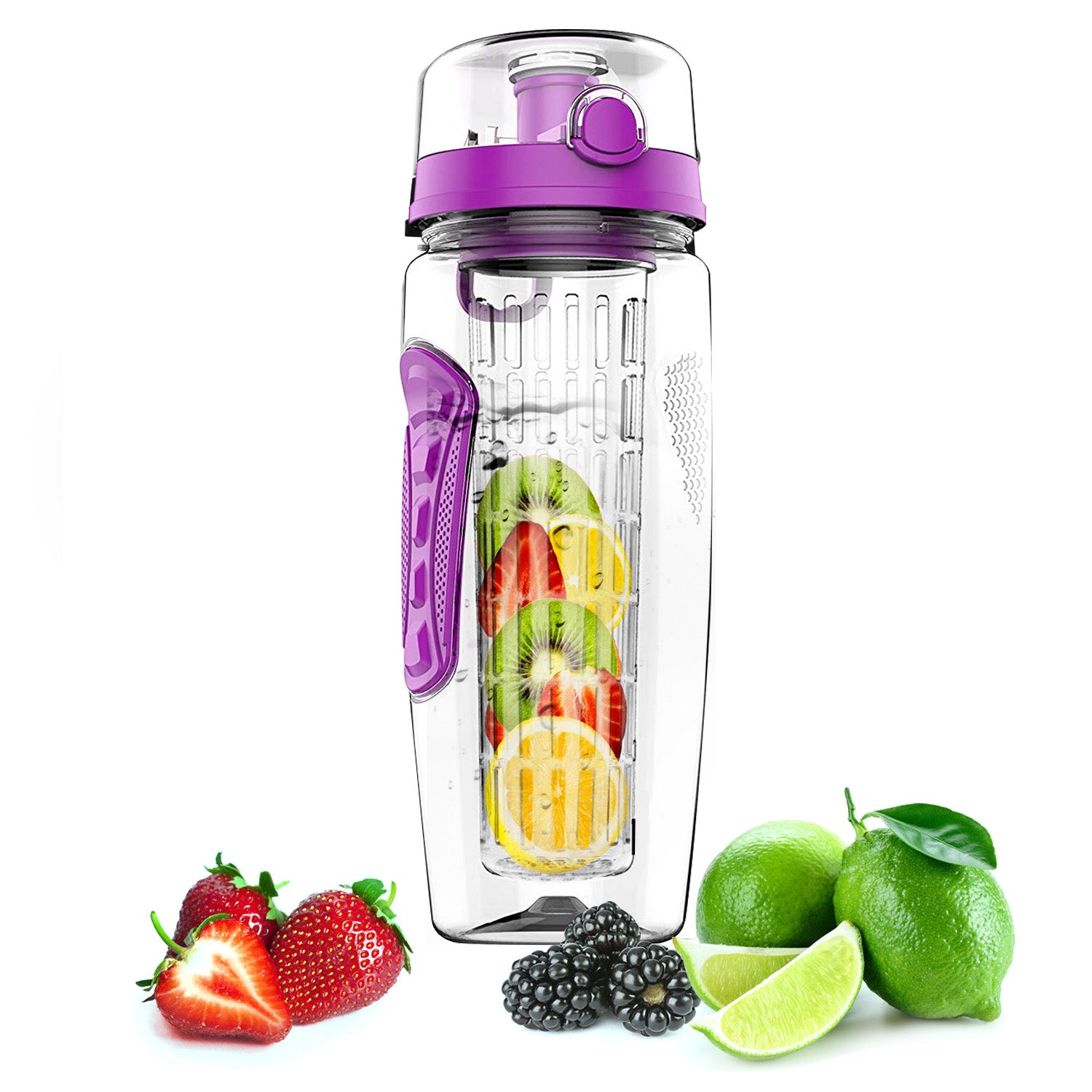 32oz fruit infuser water bottle, clear body with purple flip-top and fruit infuser basket