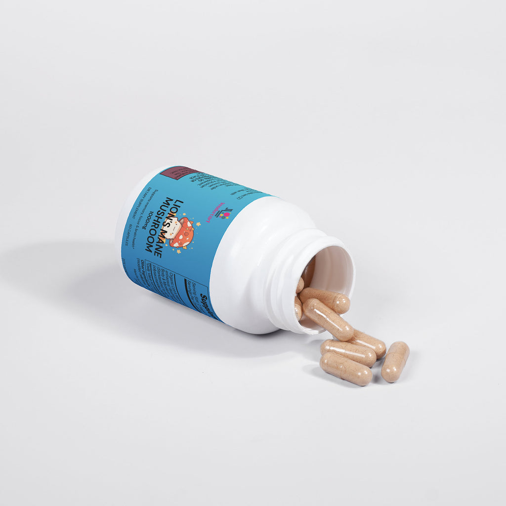 Lion's Mane Mushroom supplement bottle tipped with beige vegan capsules spilled out.