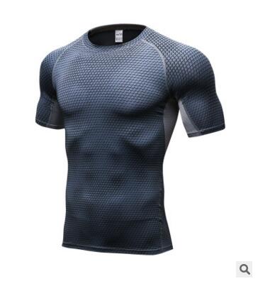 Blue-gray compression gym shirt with textured fabric and crew neckline