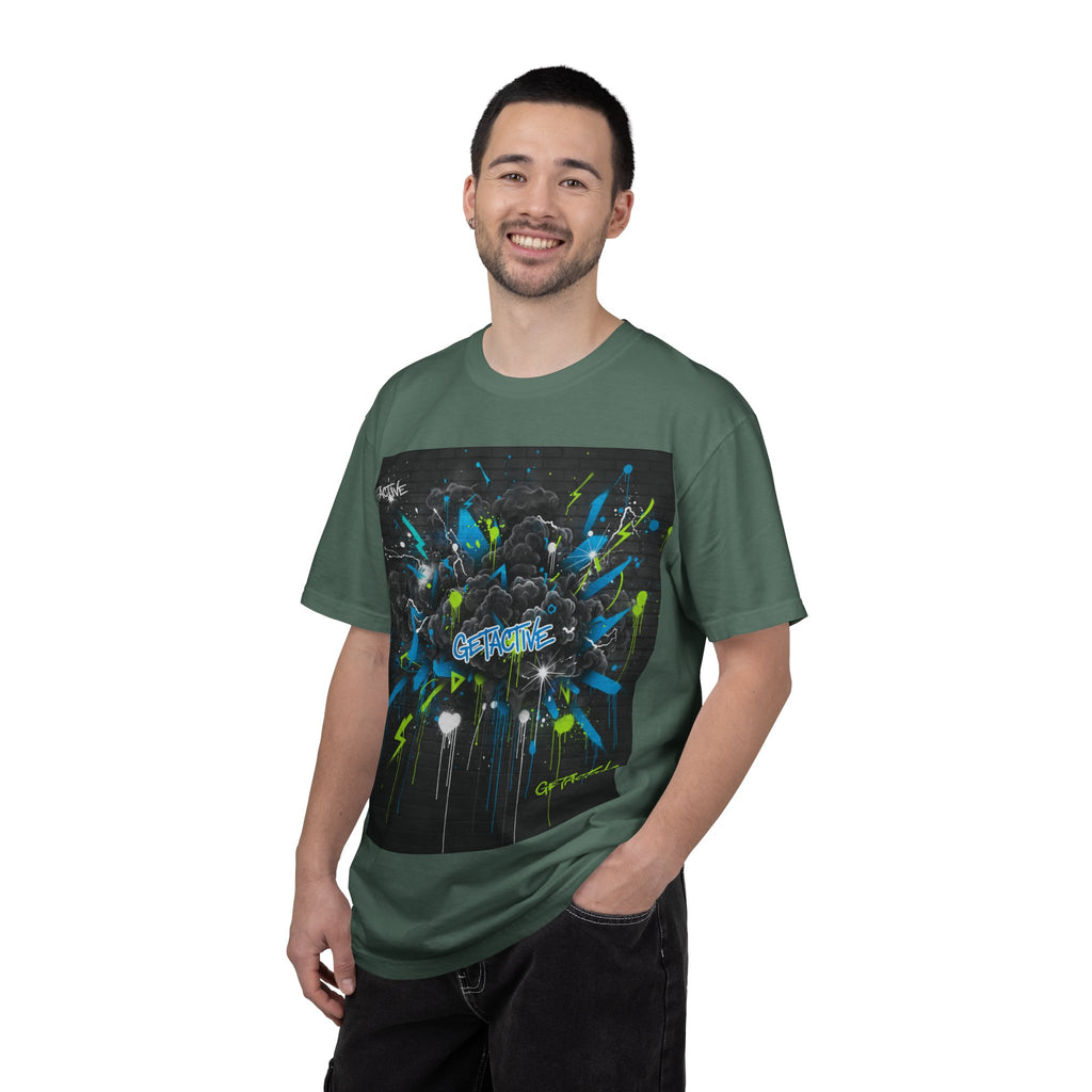 Pepper green graphic weightlifting T-shirt with colorful splash design and “GETACTIVE” text