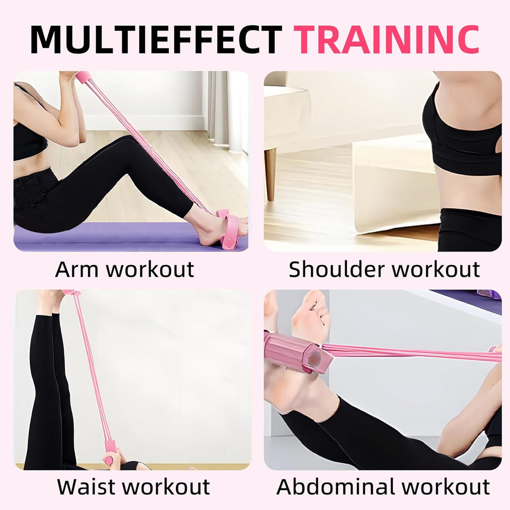 Pink resistance band demonstrating multi-position stretching for arms, shoulders, and core