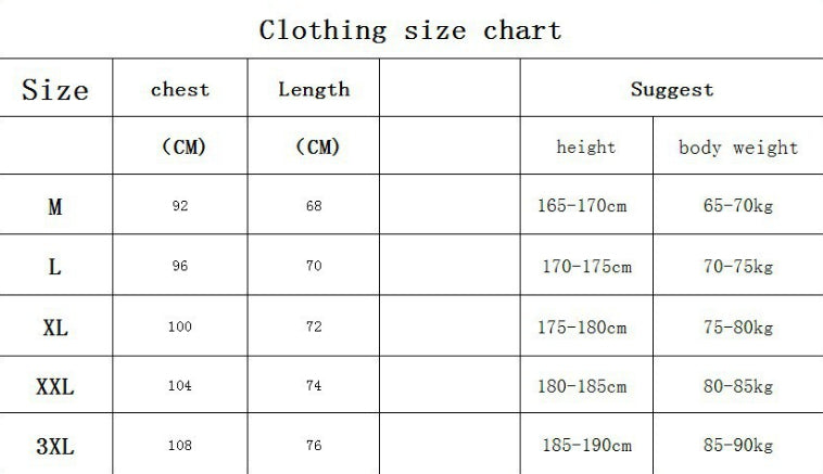 Clothing size chart showing chest (CM), length (CM), height and body-weight ranges