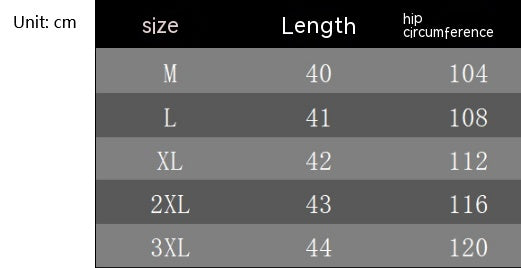 Quick-dry training shorts size chart table: size M to 3XL, length and hip circumference.