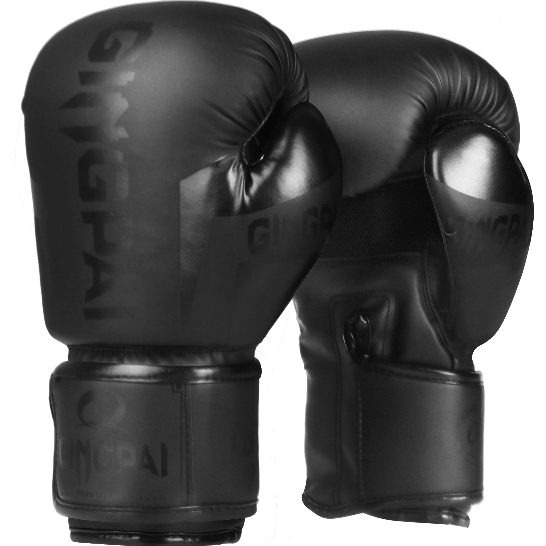 Black boxing gloves with rounded knuckle padding and GINGPAI branding, pair