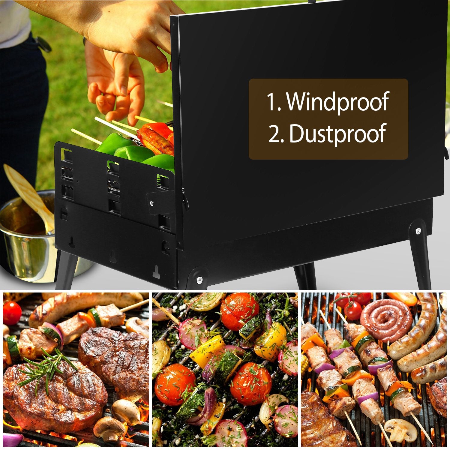 Black foldable BBQ grill with side panels, vented body and hinged wind guard