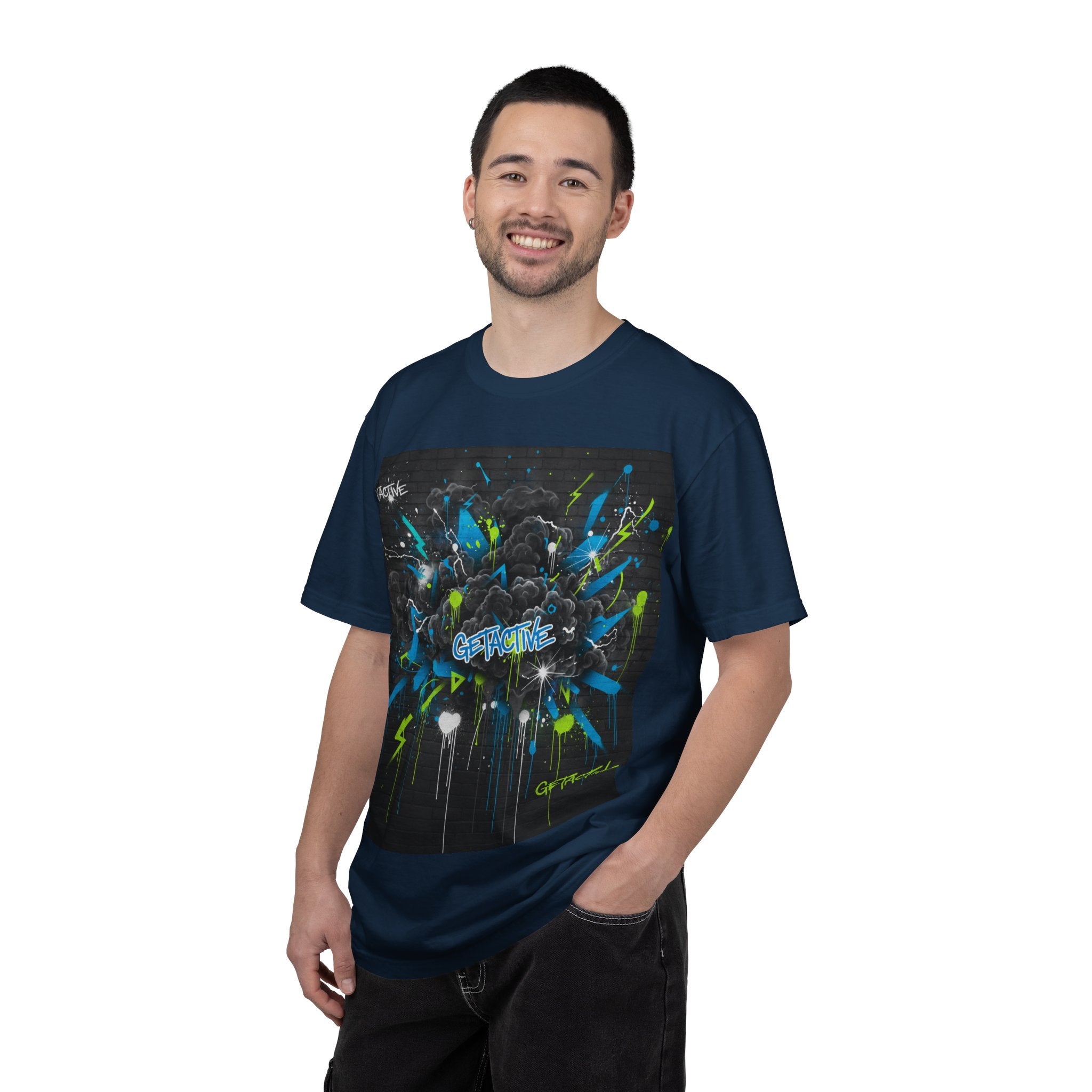 Navy blue graphic T-shirt with colorful paint-splash design centered on front