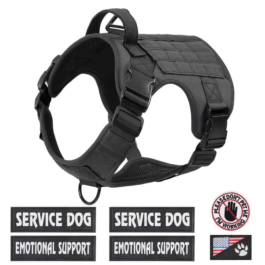 Black service dog harness vest with padded panels, adjustable straps, and metal buckle