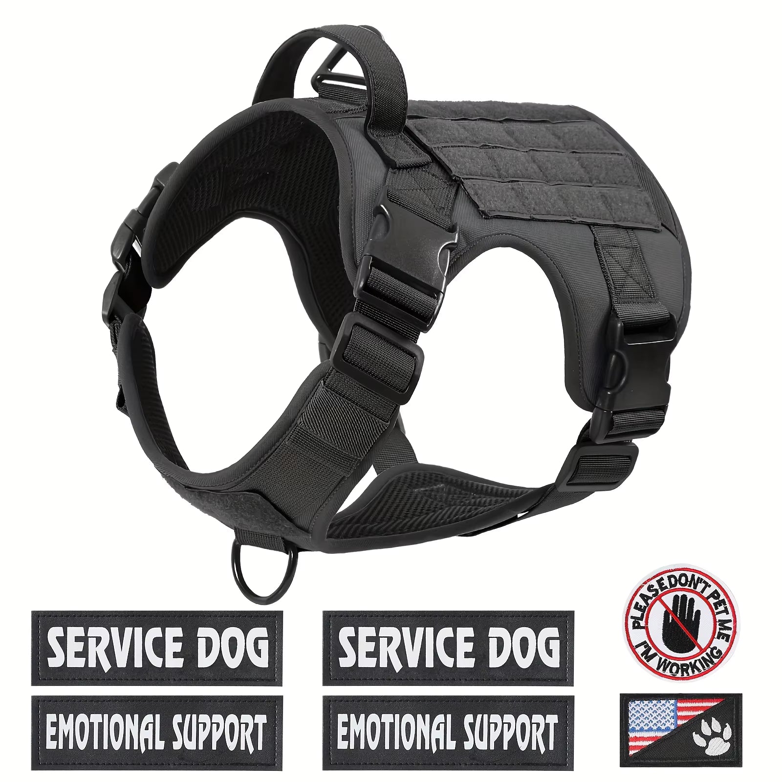 Black service dog harness vest with padded panels, adjustable straps, and metal buckle