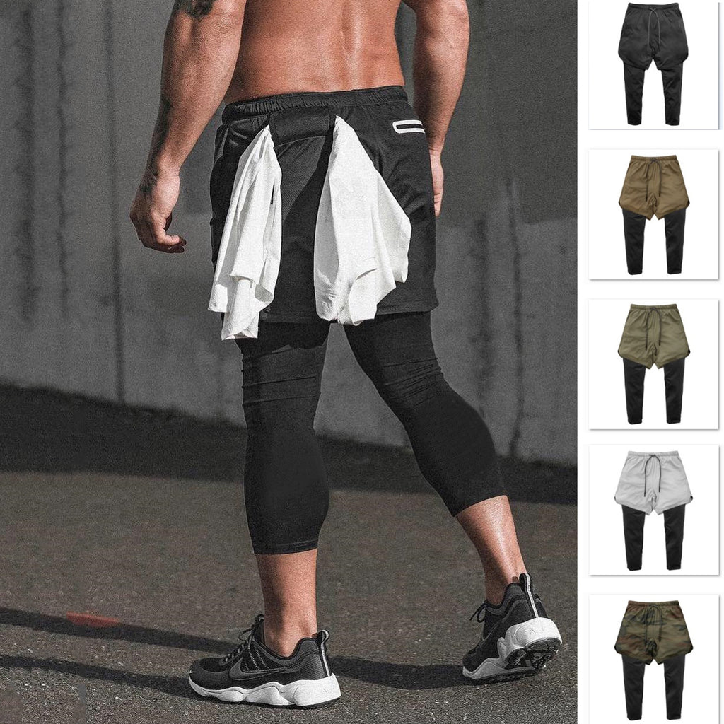 Men's double-layer running shorts: black outer with white inner liner and black tights