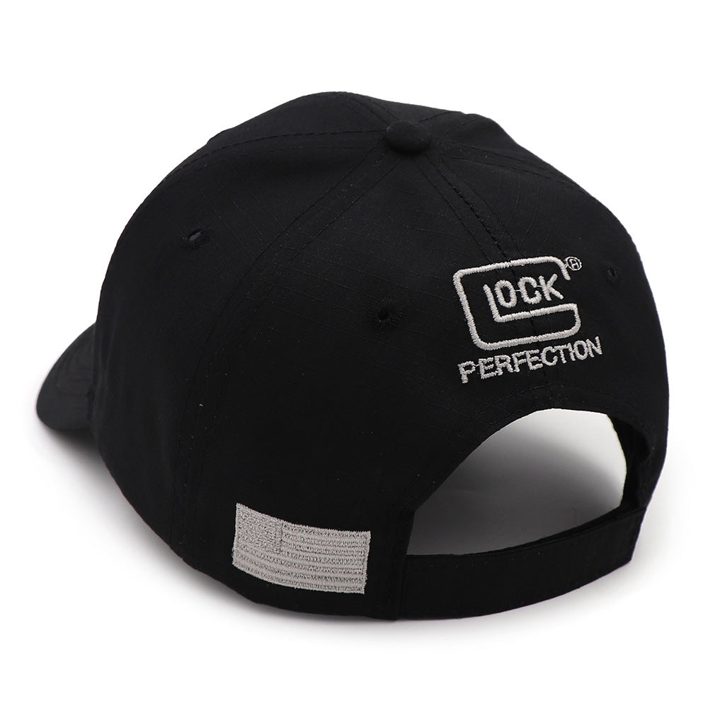 Black snapback baseball cap with front “100K PERFECTION” logo patch and curved brim
