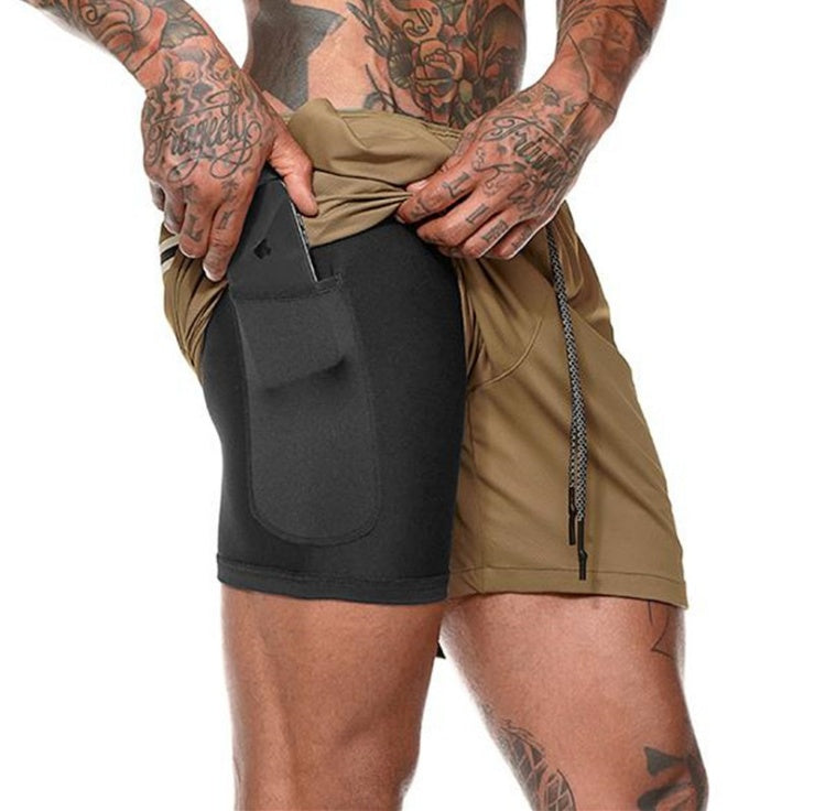 Men's athletic shorts in olive/tan with black front pocket panel and drawstring