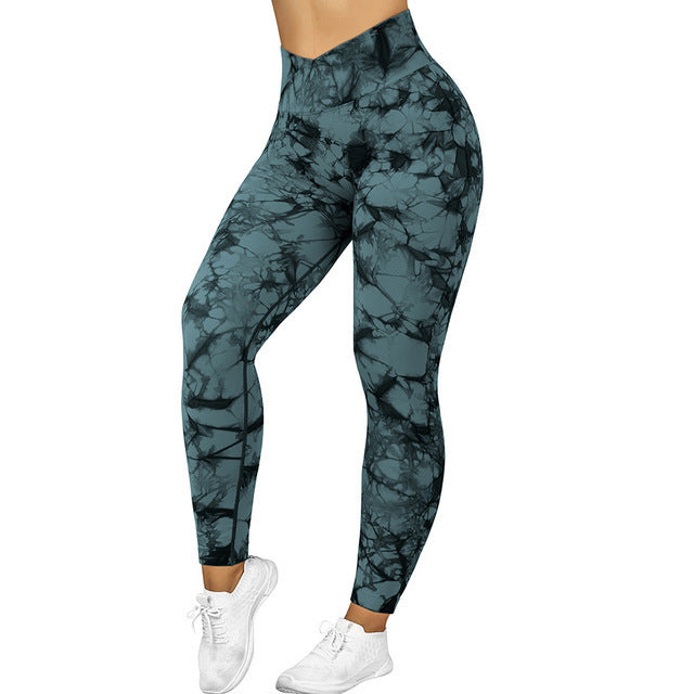 High-waist tie-dye seamless leggings in teal with black abstract tie-dye print