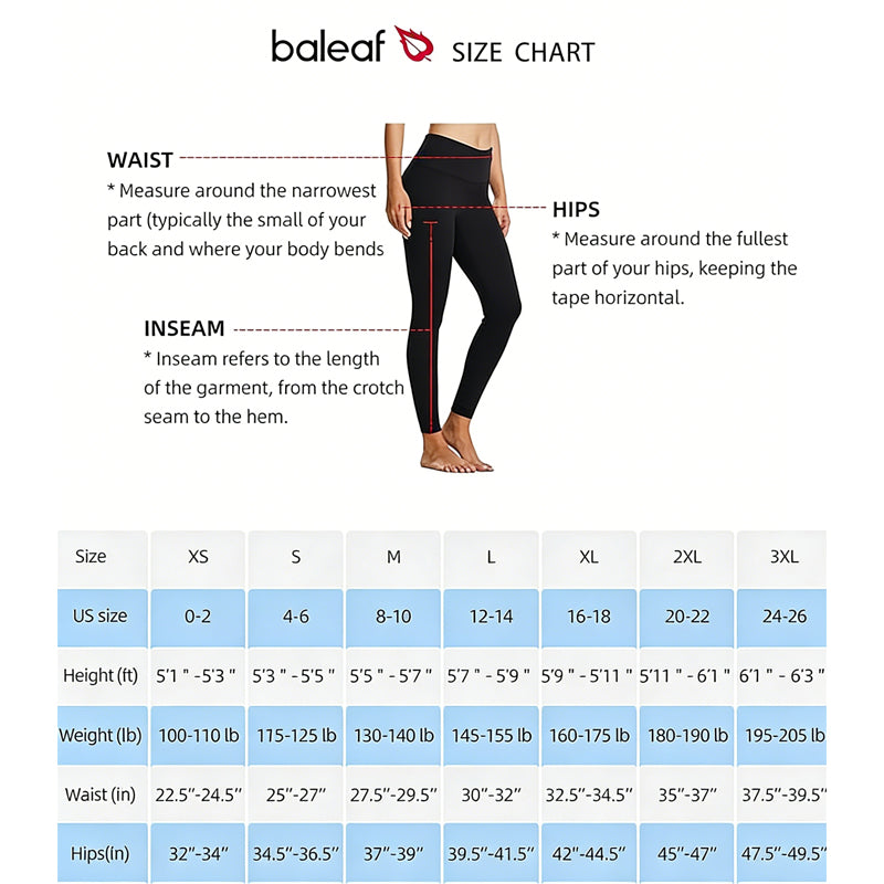 Size chart for women’s black high-waist fleece-lined leggings: waist, hips, inseam