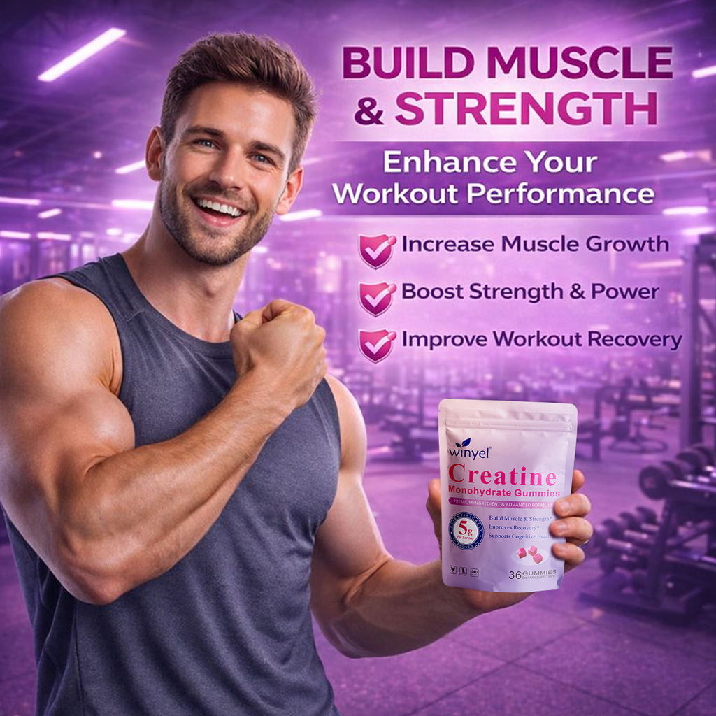 Man holding creatine monohydrate gummies pouch beside workout text, gym scene